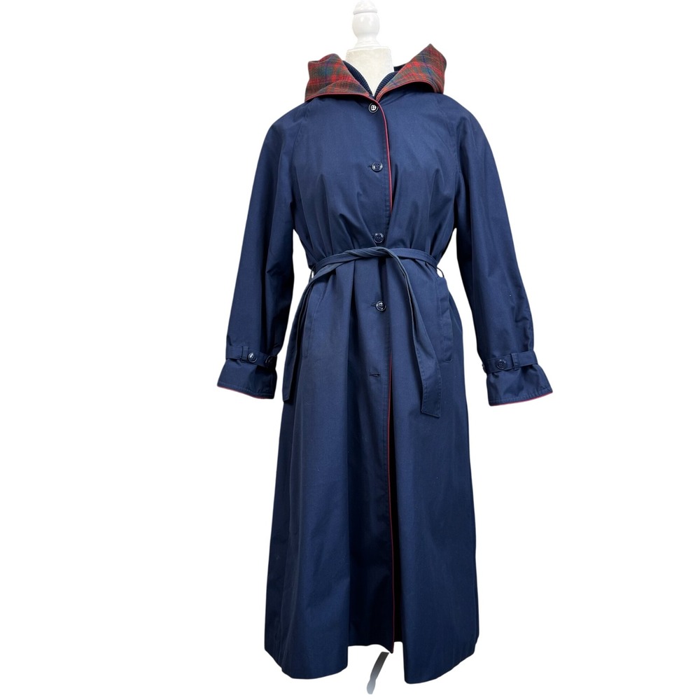 Vtg 80s Partners Mervyns Trench Coat Womens S Petite Plaid Zip Out Liner Hood - Picture 2 of 16
